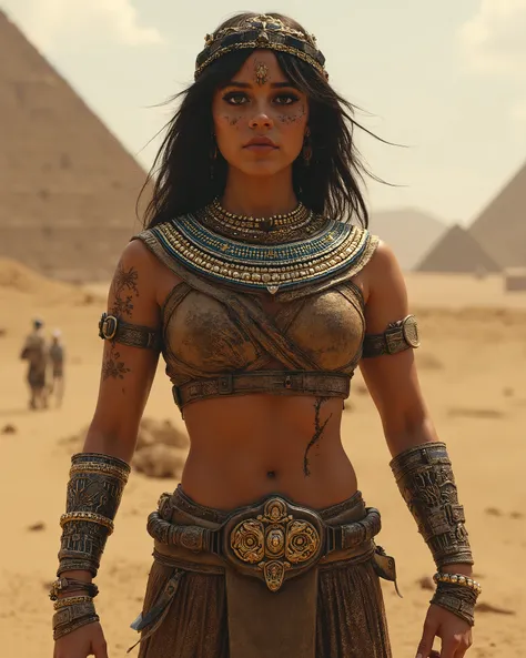 Female Egyptian soldier standing with a gun . Her chest is covered with armor . Her stomach and arms are not covered with armor. She has cuts on her stomach