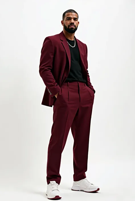 Drake wearing a burguncy fitted blazer, black top, textured skin, with burgundy trousers, white sneakers. looking like gq very elegant. White background. High image resolution. high definition image quality, professional photography. Soft lighting. Editori...