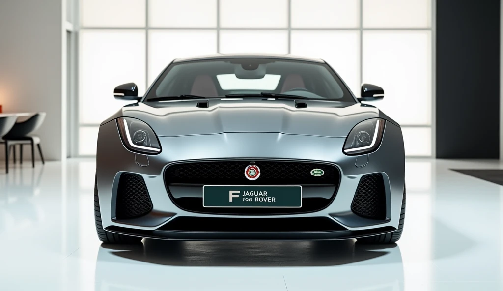 The full front view of painted with galemy dark silver(2025 Jaguar F-Type ) in large shape in large size with  logo (Jaguar Land Rover) its large detailed grille in shiny white clour with angular sporty design captured from full only front view with modifi...