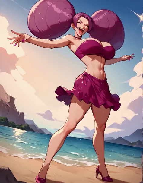 score_9, score_8_up, score_7_up, 1 girl,solo,Fantina,Tall, long legs ,Purple Hair,(Hair in four ponytails,) white skin,purple bikini,paleo,beach,Big Breasts,high heels,thighs visible,standing,smirking ,laughing ,open mouth,whole body,