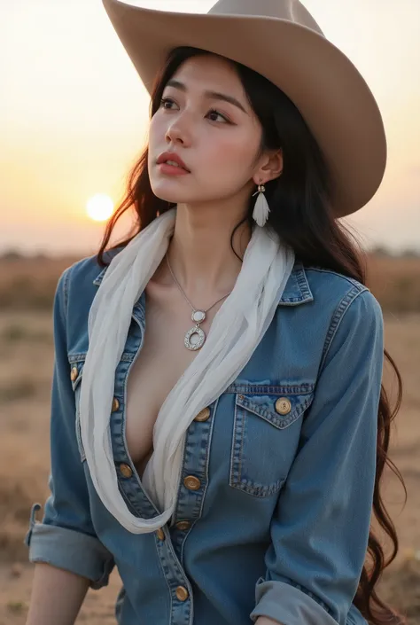       Extremely Slim Body   ,   Extremely Exquisite Face    ,    best quality   ,      Close-up of Korean Beauty Model     ,earth color，Full Set Denim Shirt Horse Pants，Leather Boots，  Rolled up cuffs    ，Sexy open chest button with white translucent scarf...