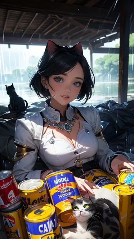 masterpiece, best quality, Ray tracing, hdr, volumetric lighting,(1girl and 1cat:1.5), cat on shoulder, cyborg girl, smile,upper body, post apocalypse, a pile of canned goods in the background, outdoor,((many jewels)), (rain of jewels:1.3)