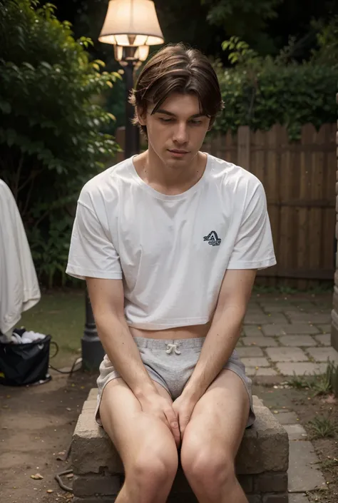 A dirt path at a park, night, trees, lamp posts, a men’s public toilet made of brick, sign written MEN, door open and interior light illuminating a young Caucasian man outside sitting down with legs spread open wearing baggy grey shorts showing white under...