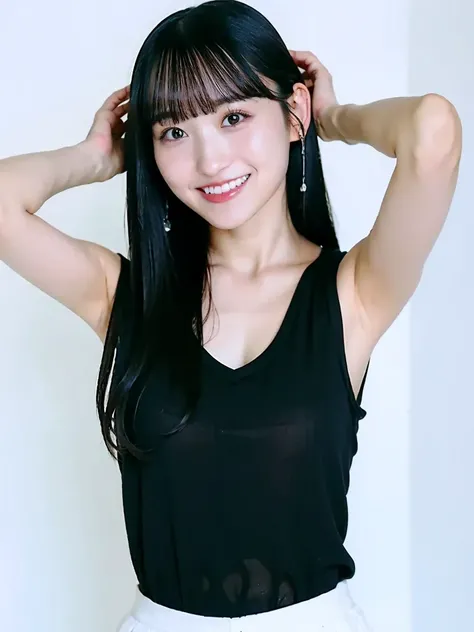 A smiling girl look like model, short black hair, wearing a v-neck tank-top, standing with hands up, showing own armpits, facing the camera directly, head-on view, upper-body shot, centered composition, studio lighting, ultra-sharp, professional quality