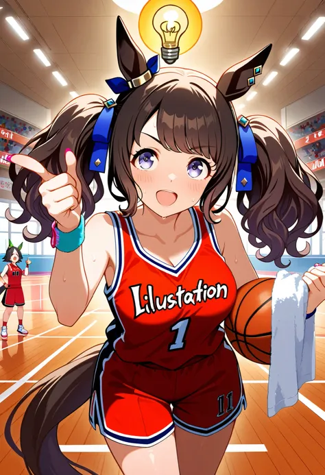 (Tosen Jordan\(umamusume\)),horse tail,horse ear,Wearing red basketball uniform,((best quality)),(2girls),(nsfw),(),medium breasts,,colorful nail art,wipe sweat with a towel,basketball court,sigh,basketball shoes,,wristband,Winning Ticket\(umamusume\),Wear...