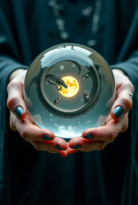 Witch hands holding a crystal ball , Inside the crystal ball you can see a dragon forming a circle around the moon that is next to the sun