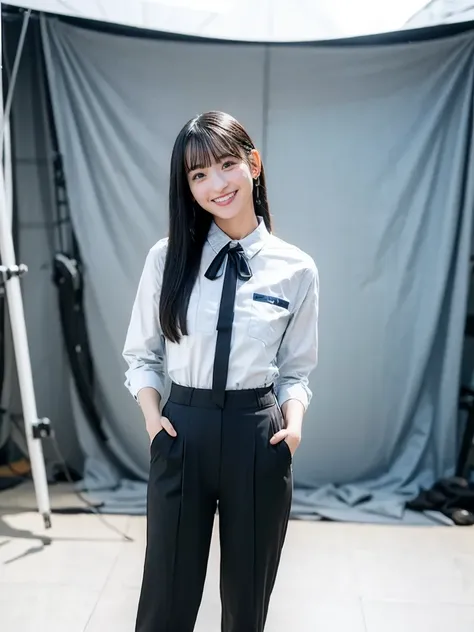 A smiling girl look like model, short black hair, Wear collared shirt and tie, standing with hands in pockets, facing the camera directly, head-on view, upper-body shot, centered composition, studio lighting, ultra-sharp, professional quality