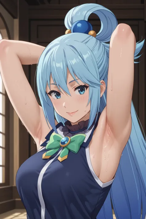 8k, ultra_quality, Konosuba, Aqua, sexy, sleeveless, best_quality, masterpiece, detailed_outfit, girl, woman, beautiful, long hair, blue hair, pony tail, anime, upper_body, looking_at_viewer, arm_up, one_arm_up, arm_behind_head, armpit, detailed_armpit, pe...