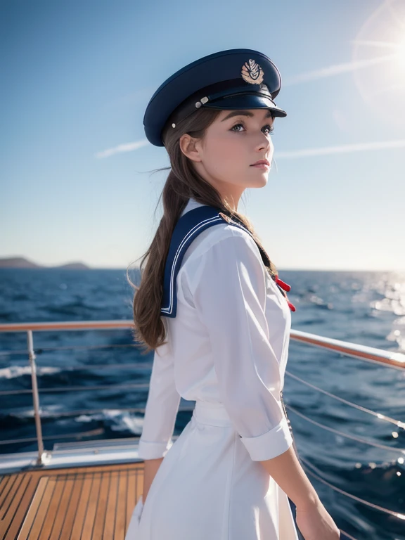 hyper realistic images of A young and beautiful female sailor from Norway walks steadily on the deck of a Norwegian warship, which is flying the Norwegian flag. She is tall and fit, wearing a white Norwegian navy uniform and a navy cap. Noon. --ar 9:16 --p...