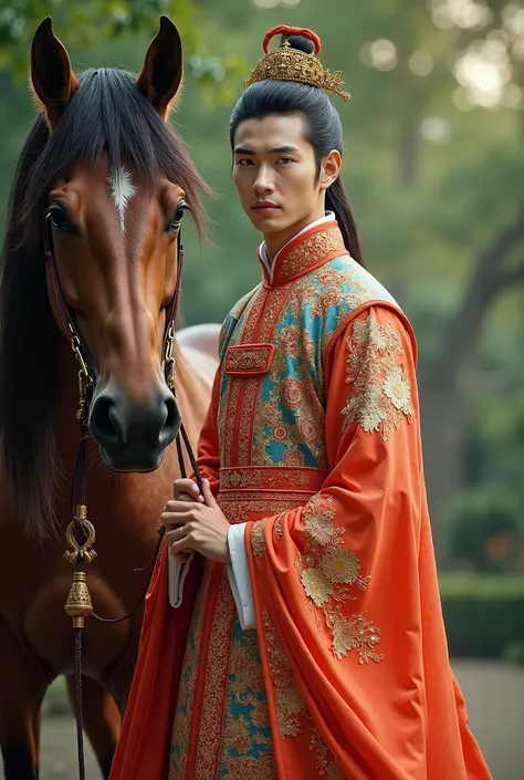 Handsome Chinese Man in a Gorgeous Dress with a Horse