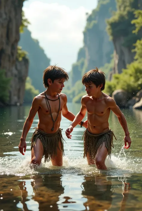 Two Caucasian tween boys as cavemen swimming 