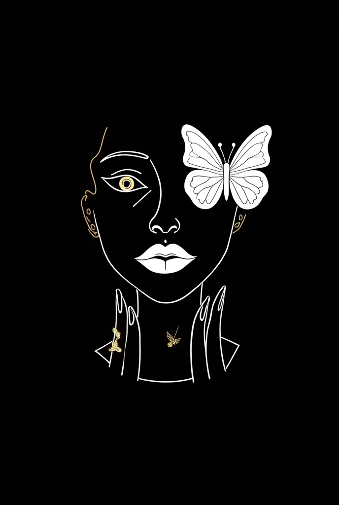 Create for me an image of a face with a butterfly on the right side of the head as if it were at the foot of the ear and the butterfly in the color gold that it is just an expensive and graphic face has no expression