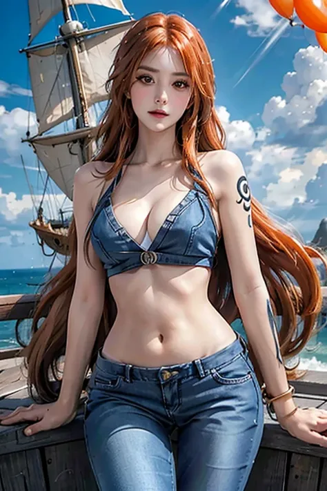 photorealistic, high resolution, soft light,1women, solo, hips up, (detailed face), nami \(one piece\), tattoo, jewelry,long silky orange hair, high nose, sharp eyes, noble and inviolable temperament, (([female]: 1.2 + [beauty]: 1.2 + orange long hair: 1.2...