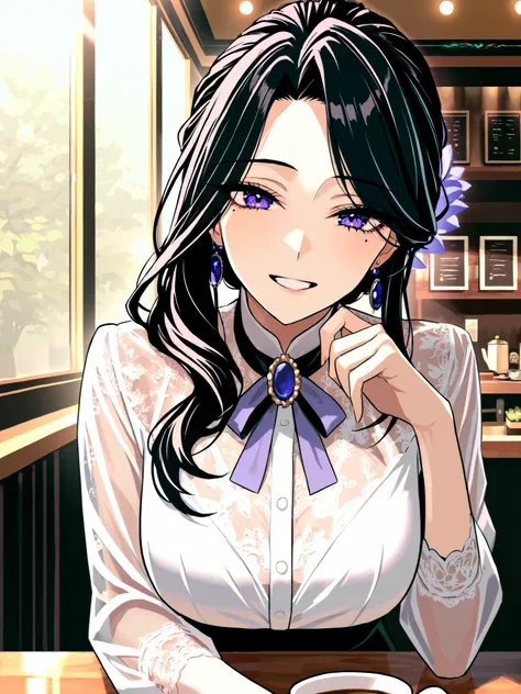 1girl, mature teacher, elegant lady, one black beauty mark under left eye, one black mole under left eye, beautiful, solo, white plain button blouse, see through blouse, brooch, ribbons, black hair, long hair in a bun, sitting down, curvaceous figure, talk...