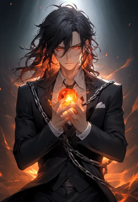 A mysterious and dangerously charismatic demon with an aristocratic, sculpted face. His glowing amber-red eyes shimmer like embers in the dark, shifting between amusement and menace. His long, jet-black hair falls in silky waves over his shoulders, perfect...