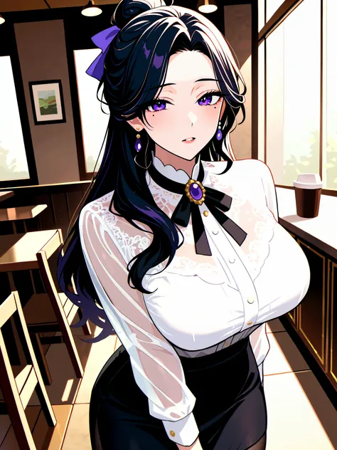 1girl, mature teacher, elegant lady, one black beauty mark under left eye, one black mole under left eye, beautiful, solo, white plain button blouse, see through blouse, black pencil skirt, stockings, brooch, ribbons, black hair, long hair in a bun, standi...