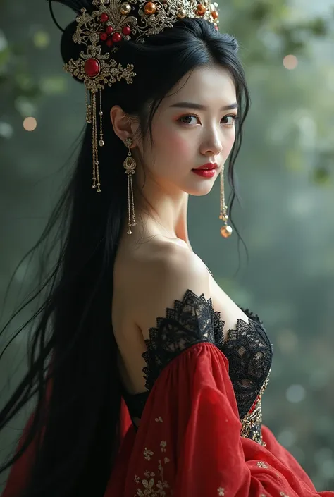 I very beautiful medusha queen in hanfu ,thin red skirt with motif ,black lace top ,crown on head ,lonh hair dyed black,beautiful hair jewelry and cute face