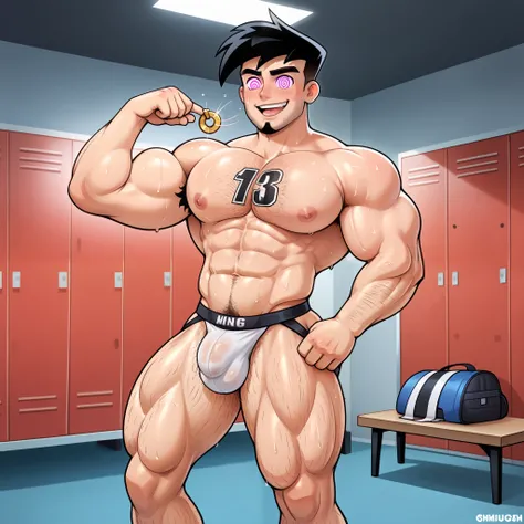 best quality, masterpiece, extremely detailed, one man alone in Casper High School locker room, Danny Phantom tv show, Danny Fenton from Danny Phantom, Danny Fenton as a hyper muscular brainwashed bodybuilder American football player, rugged windswept hair...