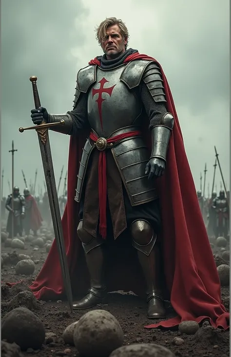 hyper realistic, a 34 year old man, in full armor, with dark blond hair, a malicious look, holding a sword resting on the ground, with a red cape, a templar symbol on the chest of his armor, standing in a field with some bodies lying in the background, aft...