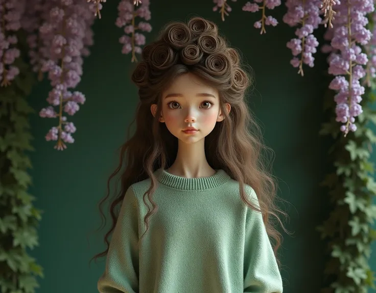  soft green twist long big sweater， long curly hair many rolls ，Fluffy high cranial crown，Broad shoulders，Wisteria flower wall background ， full body shot ，realism。 many small rolls on the top of the head 