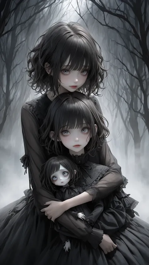 TWIN YOUNG SISTERS 、 TWO GIRLS Cuddling 、 Tim Burton's Style、 darkness、 extremely realistic 、fog、