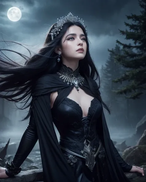 A dark mythological woman with long flowing black hair and deep blue eyes. Close-up of her face, she is dressed in an elegant dark purple robe with intricate details such as moon and star symbols. Her expression is serene and powerful, radiating independen...