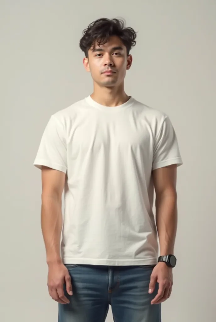 wearing a t-shirt, 50% The least muscular and without the belt