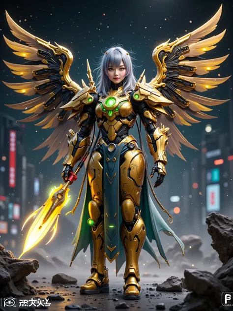 Masterpiece, (top quality), highly detailed, Super Detail, 1girl, Mechanical Wings, Golden, glowing eyes, green, (Golden armor:1.2), (Elon Gated Years:0.8), (cyberpunk city:1.5, arms: energy blade), (Fantasy Scenery:1.2), (natural light:1.5), confident loo...