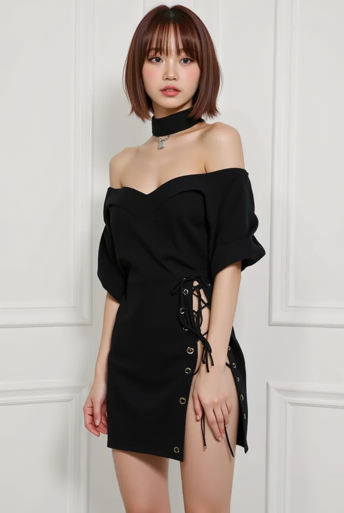   has a smooth  ,   The perfect fit off-the-shoulder black dress has dramatic side cutouts on the dress ,  with cross or lace-up details along the hips and waist  ,   that part remains exposed  .   very beautiful beauty like an actress 、leather boots that ...