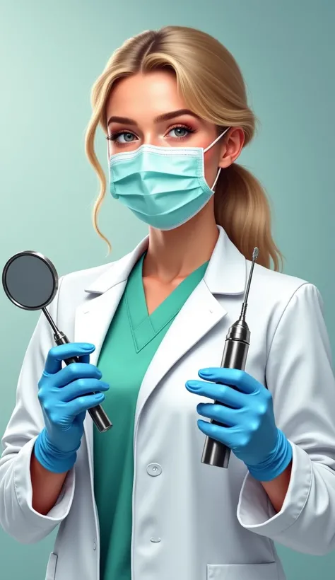 "A professional portrait of a young female dentist in a dentist office background, digital art, semi-realistic style. She wears a modern, crisp white dental coat with ergonomic design, paired with stylish medical scrubs in a calming mint green underneath. ...