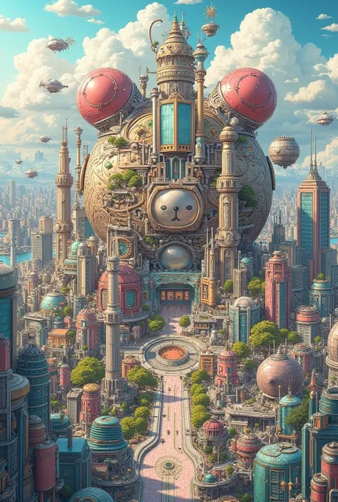  Highly Detailed Illustration of Future City,  golden ratio、 intricate texture dripping on glass,  Intricate Artwork ,  Super Detail,The cityscape is in the shape of Rilakkuma