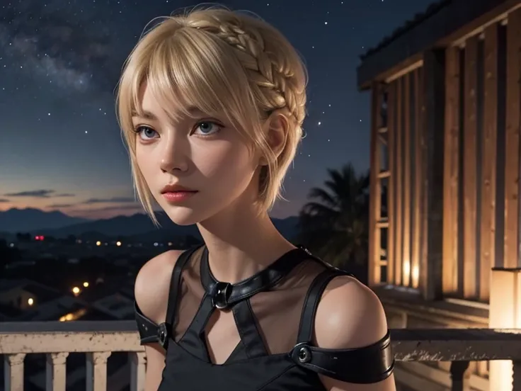 Astrid ,  short hair,  Thin body ,  small bust,  elegant black clothes, balcony, Looking at the stars, milky way,  perfect face 