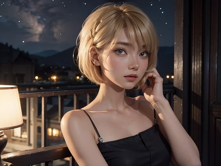 Astrid ,  short hair,  Thin body ,  small bust,  elegant black clothes, balcony, Looking at the stars, milky way,  perfect face 