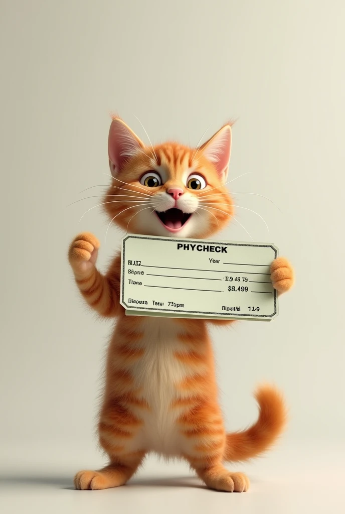 The cat proudly holding its first paycheck, looking surprised and happy.