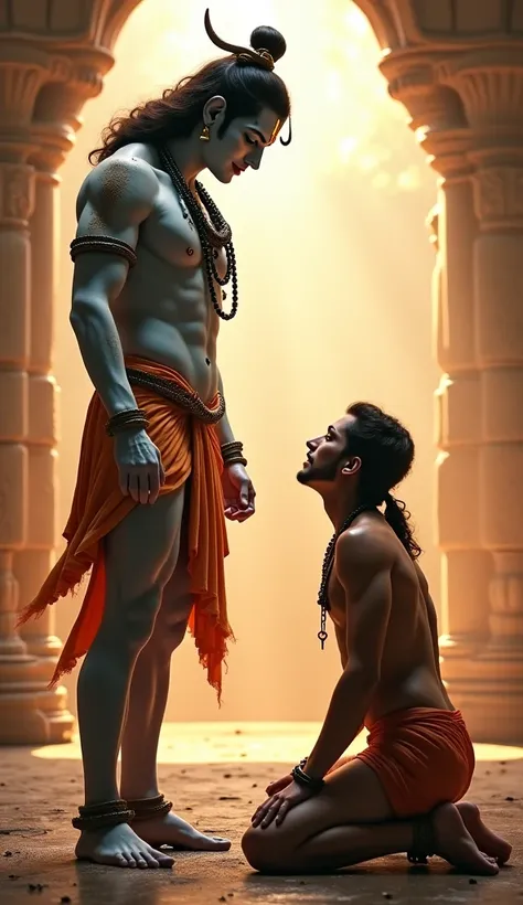 **Image Prompt (English):**  
"A divine moment where Lord Shiva, in his majestic and graceful form, appears before Ganga Dutt in the temple. Shiva is depicted with a serene and powerful aura, with his third eye open and a gentle smile on his face. He is ad...