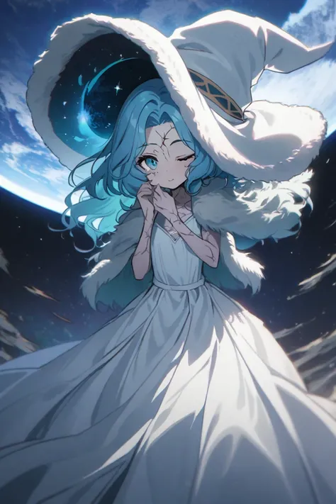 ranni, cracked skin, skinny skin, one eye closed, witch hat, white headwear, fur cloak, white dress, in the moon, background in the space with planet earth, whitish blue hair, long dress, 