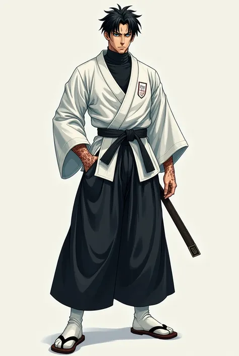 man
??? Years
Blue eyes .
 Spectacled black hair.
Physique: Ectomorph, pumped up, height 184 cm
Dressed in white haori ,  under the bottom black sleeveless sports turtleneck,  black sleeveless karate-gi jacket ,  black male hakama , white socks,  tradition...