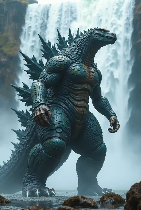 Create the image of a great Godzilla wearing war armor on an ultra realistic waterfall 4k