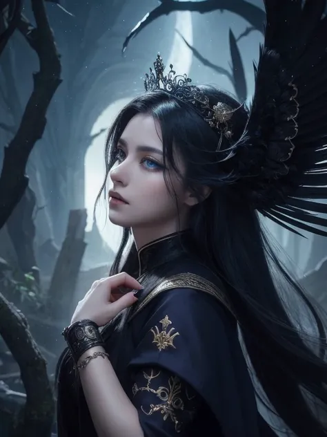 A dark mythological woman with long flowing black hair and deep blue eyes. Close-up of her face, she is dressed in an elegant dark purple robe with intricate details such as moon and star symbols. Her expression is serene and powerful, radiating independen...