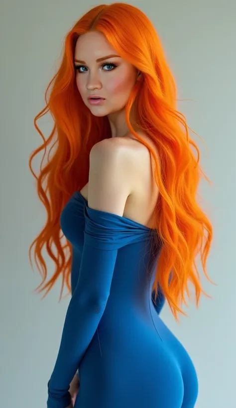 woman,  long hair in the color orange,   sculptural body , wearing blue