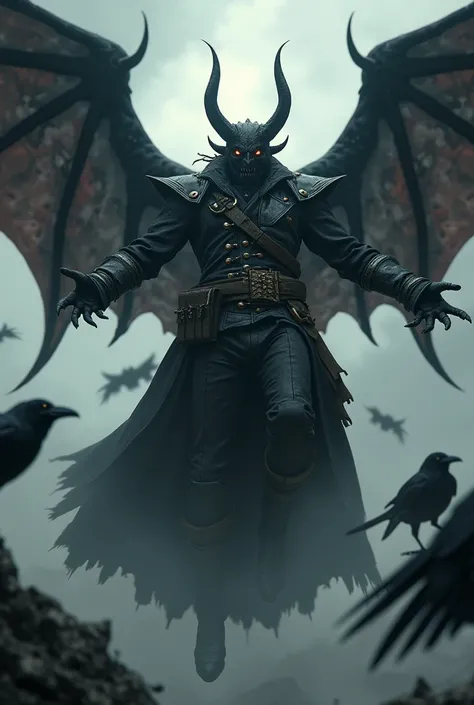 Captain Pirate Demon Dressed in Black,  with black wings flying with crows