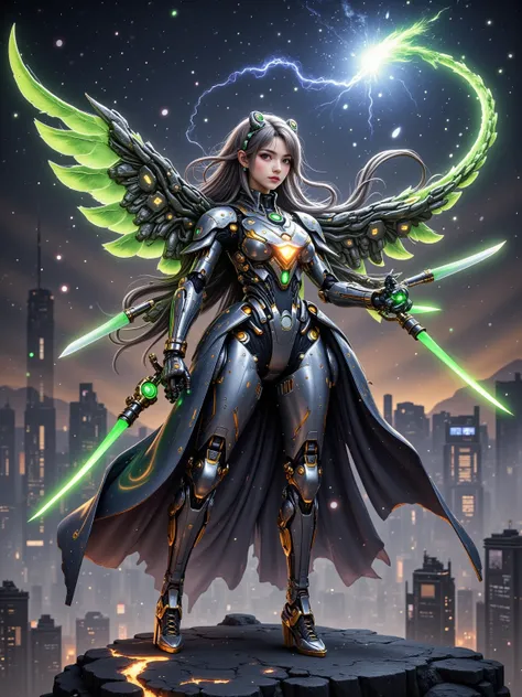 Masterpiece, (top quality),  super high detail in the breeze, Super Fine,  1girl , Mechanical wings, gold,  Glowing Eyes, Green, (gold盔甲:1.2), (Sci-fi era style:0.8), ( Cyberpunk City:1.5), (Arm Energy Blade ), ( fantasy landscape :1.2), (Natural Light:1.5...