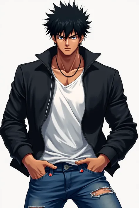 Black skin anime dude strong white shirt under black jacket half zipped up blue ripped jeans black eyes messy hair and fluffy hair 