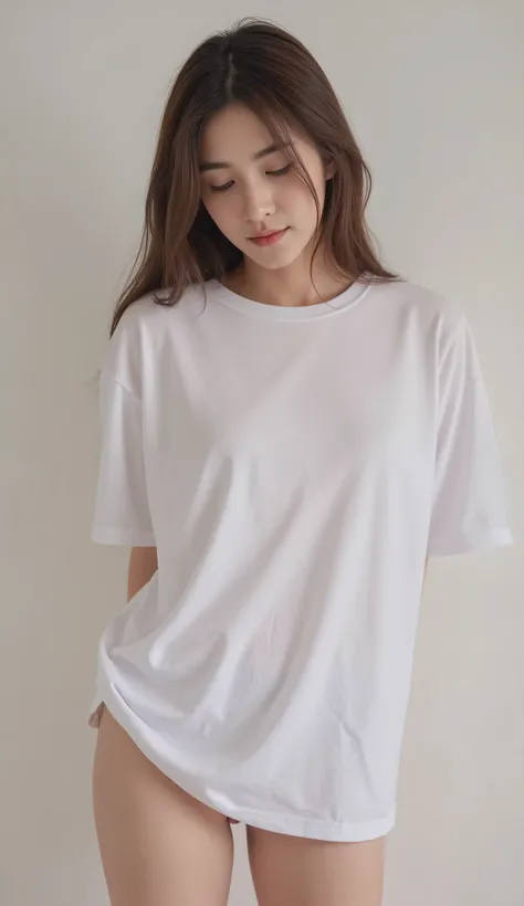 young thai woman, flat chest, simple bra, oversized wide neck tee, lean forward pose, simple background