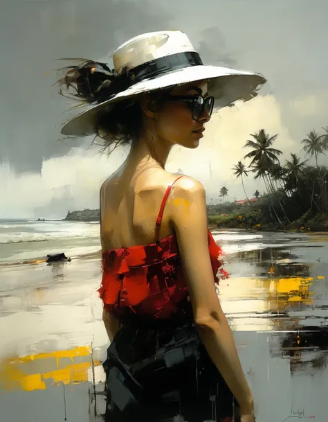 Painting, PLAY OF COLORS, soft RED, GRAY, YELLOW, OCHRE AND BLACK...A GIRL WITH A HAT WITH GLASSES, holding hands with a...a landscape OF Bahia, Brazil,,, a cadilak... . .jeremy mann style, jeremy mann art, jeremy mann painting, alessandro pautasso art, pa...