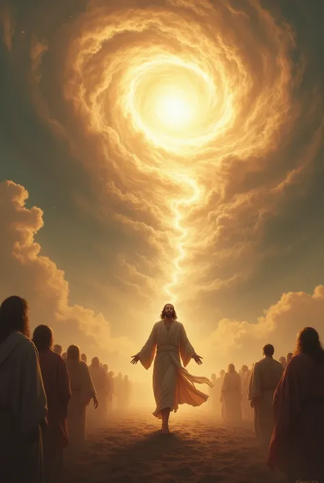 Jesus walking in front of a whirlwind that descends from heaven 