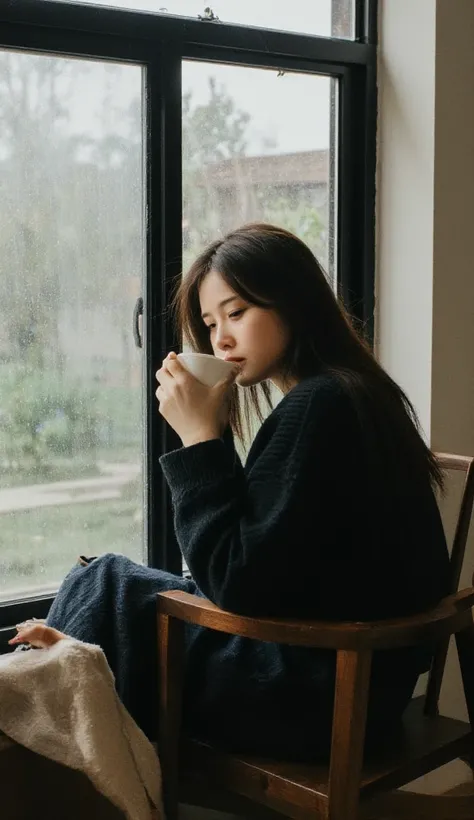 a beautiful young girl sitting next to the window, it's raining outside, cup of coffee, sad mood, sitting with her back turned