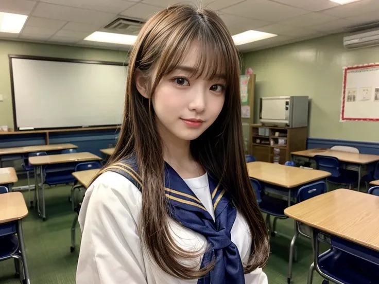  Japanese woman like an idol , long hair , straight hair, Round face , bust up ,  sailor suit from a lower level store ,  as shown in the picture ,   high school, in school、classroom