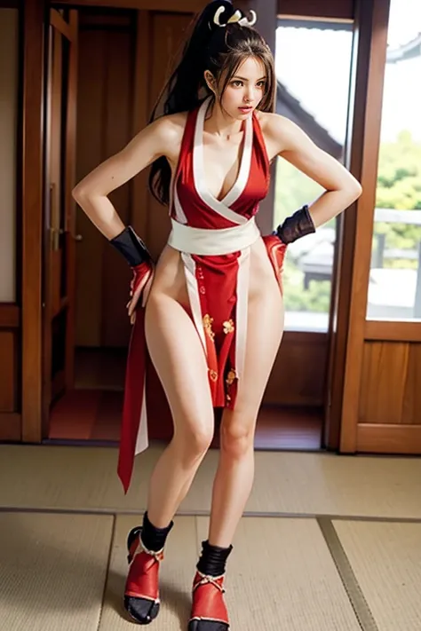 mai shiranui, (tabi:1.4), (Full body:1.4), (Photo realistic:1.2), (masterpiece:1.2), (Best Quality), (ultra-detailliert), (8K, 4K, Convoluted), (Flat Lighting:1.2), (skinny), Prestige, Brown eyes, Long hair, brown eyes, long hair, brown hair, white ribbon,...