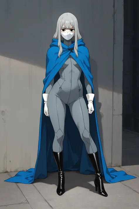 high resolution, masterpiece, necessary, detail, best quality, quality, necessary, details, High details, Precise, 
 
1girl_ ufotable style, ufotable anime

(Solo) faceless, full face mask, white mask with black eyes, grey hair, long hair, blue long cape, ...